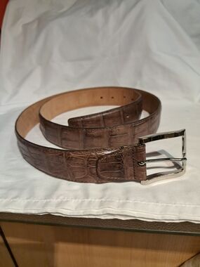 Men's Brown Croc-Embossed Leather Belt with Silver Buckle